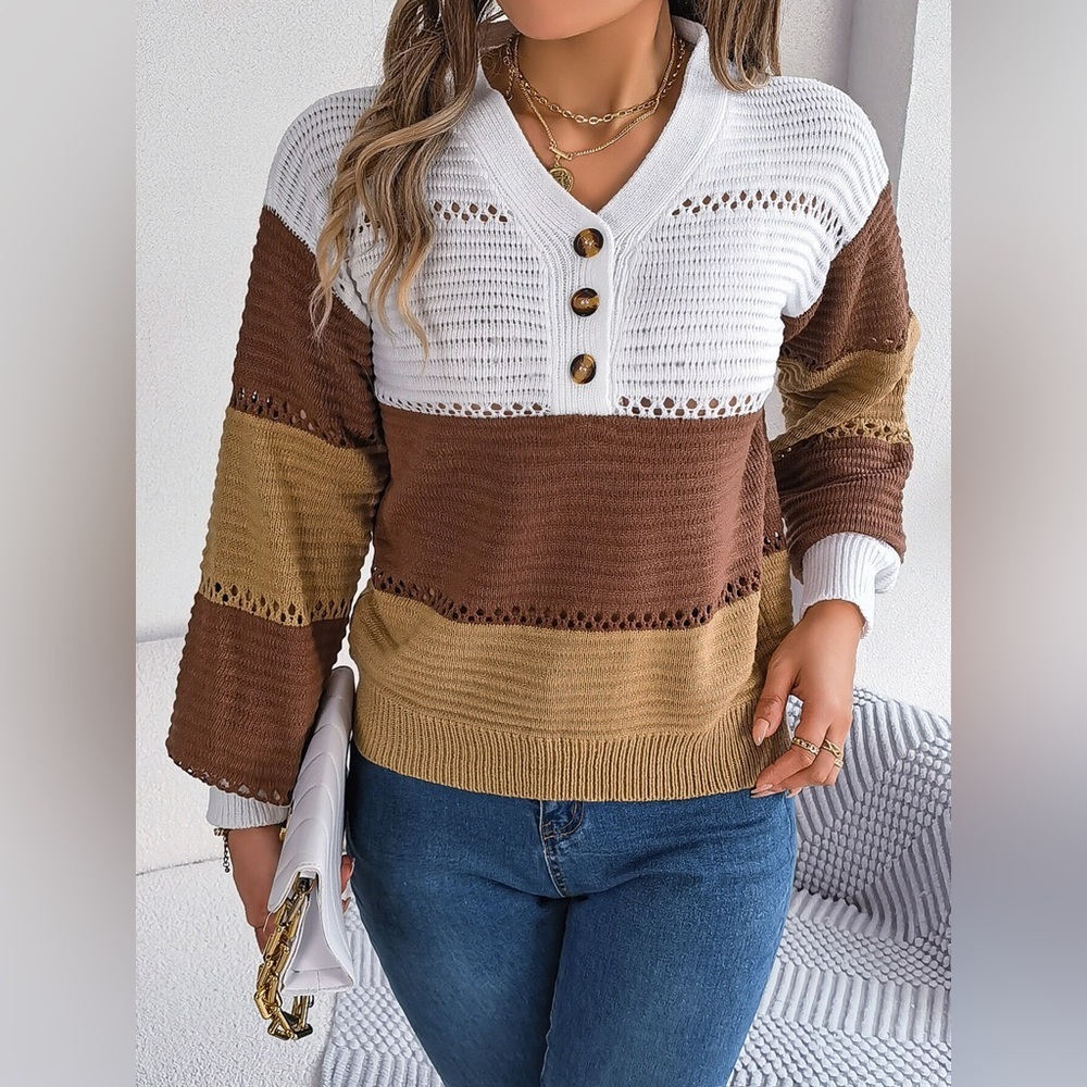Color Block Striped V-Neck Button Detail Sweater